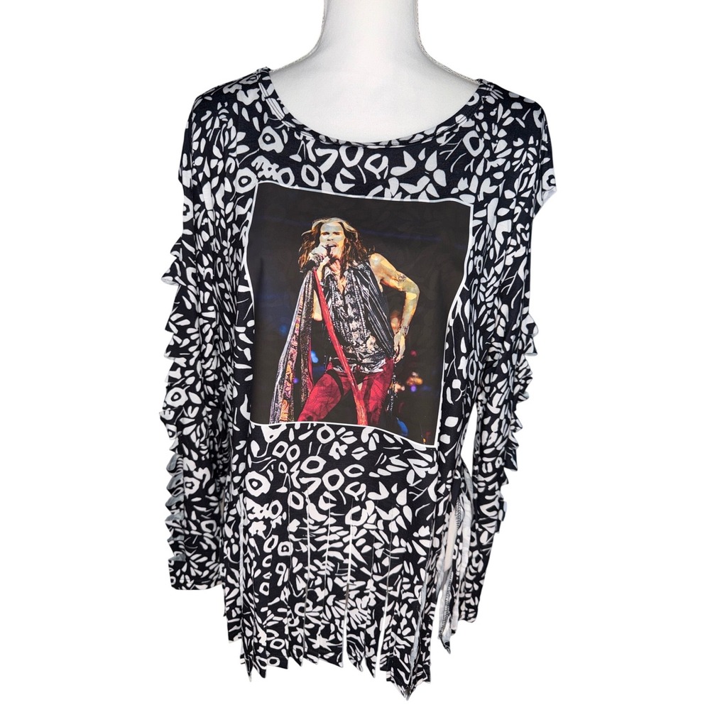 Aerosmith Steven Tyler Fringe Top‎ Black White Cut Sleeve Rock Band XL Ladies